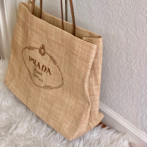 prada beige raffia beach tote bag